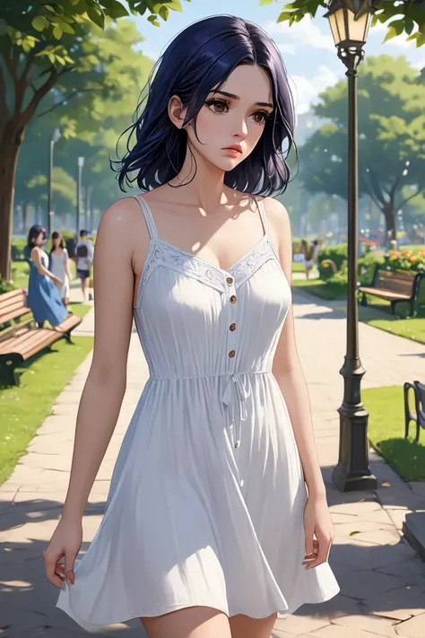 (masterpiece, best quality, 8k, high definition), whole body, 1 woman, medium-length dark blue hair, mid-chest, brown eyes, soft lips, beautiful face, wearing a white sundress, natural light, detailed background, Detailed Illustration Art, sad expression, ...