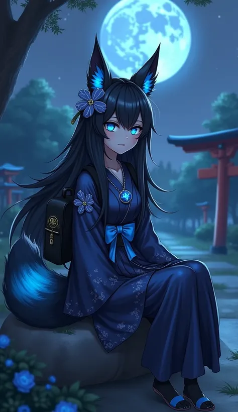 A aged female black kitsune with long wild black hair with blue accents and with blue ribbons and a glowing blue flower, she has sapphire blue irises with black slitted fox pupils, with black fox ears with glowing blue fire in the fur inside her ears, a bl...