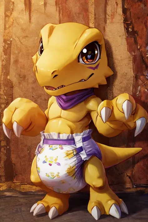 Agumon、Digimon、yellow、Big Eyes、Big jaw、Big Hands, thick diaper