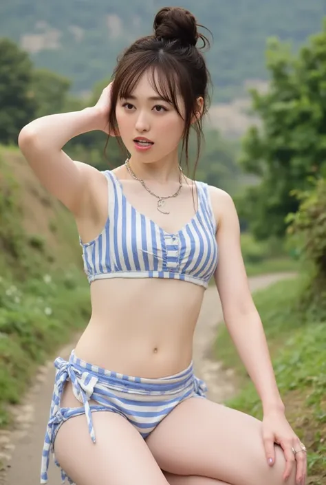  top quality, high image quality,8k,nsfw, bun hair,(At the campsite),(I'm wearing a light blue and white striped micro bikini),Small face,Disgusted look, watching viewers,(whole body),(( squat))