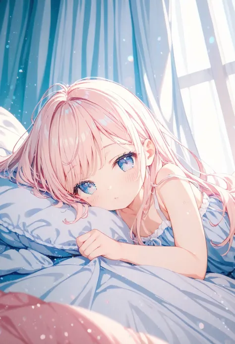 ((traditional media)),((Soft touch)), ((flat color)), (face down in bed), swollen face , puff out the cheeks ,camisole, shorts,very beautiful face , nightwear, Beautiful scenery, very beautiful profile, small breasts ,curvy, Shiny hair, light particles ,{E...