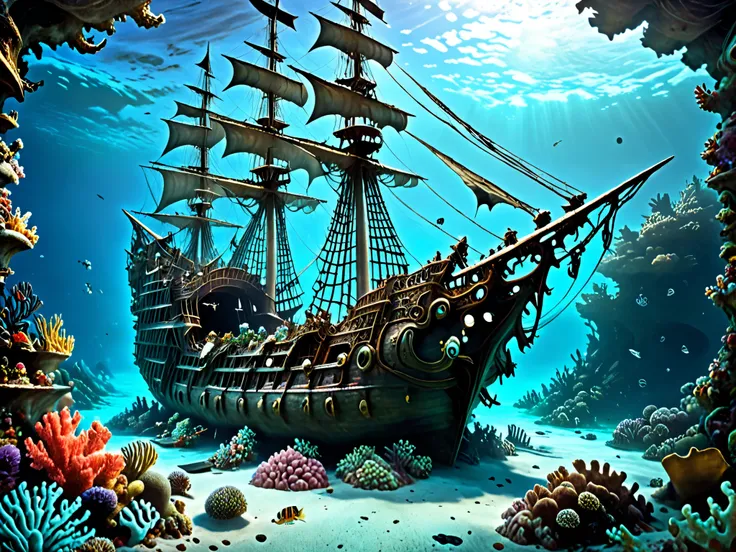  A sunken sailing ship ,  sank on a coral reef , Masts and rigging ,  open cannon hatches out of which cannons rise ,  holes in the ship's hull ,  Fish swim through the holes in the hull .
 Outside the hull on the corals is a treasure chest,  a skeleton in...