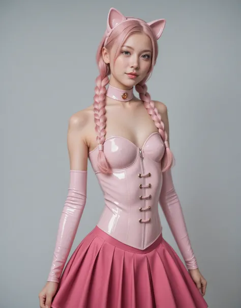  1 girl,  slim , pink hair,   straight long hair ,  small breasts,  2 braids , Cat ears,  masterpiece ,  Anatomically correct , UHD,  super detailed , Latexstiefel,   latex pink long arm warmers ,  latex pink underbust corset , Latex pink pleated skirt   ,...