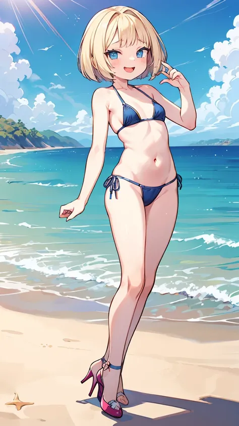 ((  a girl with blonde bob hair and blue eyes )),(( I'm wearing a navy blue bikini )),((  wearing high heels )),bangs,   , full body、 beach、Sunlight Streaks 、 Dynamic Poses 、Small handle with slim body、 frowns, Laughing/ good laugh,  open your mouth wide