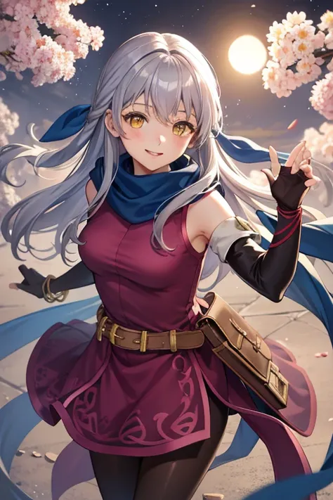 Micaiah_(_emblem),  1 girl,  yellow eyes, alone,  Grey Hair ,  half up, ribbon,  shoulder out,  dress, Fingerless gloves, sleeveless  dress,  scarf,  bracelet, belt, smile、night、 black pantyhose、 Valentine's Day 、 chocolate、hand over、 high image quality、A ...