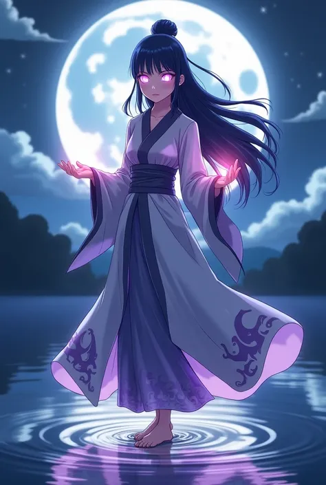 "4K anime style quality, digital drawing mode, a serene and elegant Hinata with flowing indigo hair and glowing lavender Byakugan eyes. She wears a silver and lavender battle robe with intricate moon and cloud patterns. She stands atop a peaceful lake unde...