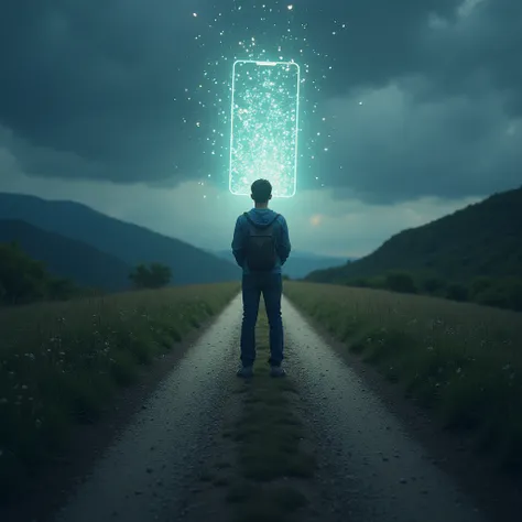 "A person standing at a crossroads, one path leading to a glowing phone screen filled with notifications, and the other to a peaceful landscape with no technology. The person looks hesitant, symbolizing the struggle between FOMO and digital detox."