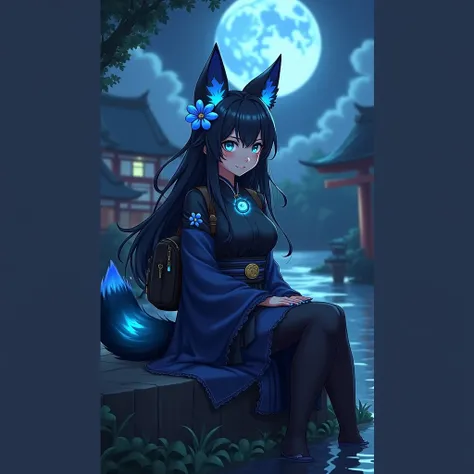 A happy aged female black kitsune with long wild black hair with blue accents and with blue ribbons and a glowing blue flower, she has sapphire blue irises with black slitted fox pupils, with black fox ears with glowing blue fire in the fur inside her ears...