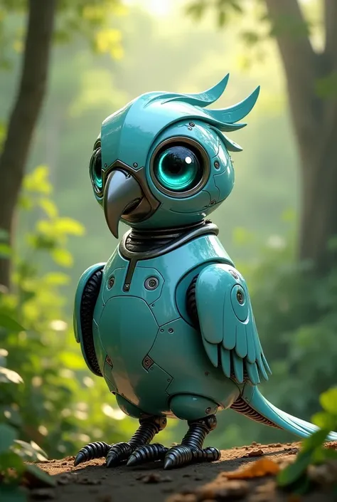 Here's an updated version of the prompt to reflect a more animated, stylized design with larger eyes:

---

**Prompt**:

A robotic Spix's Macaw, Jewel, stands in a lush, vibrant forest clearing. Her body is composed of smooth, polished light blue metal, de...