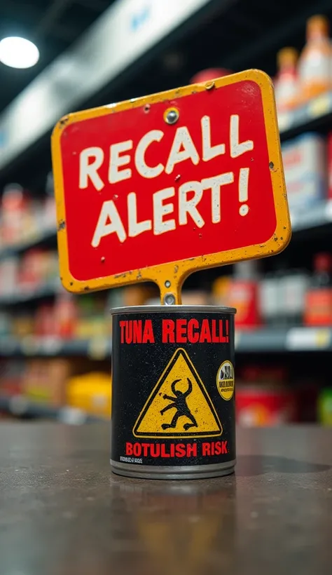 "A dramatic news-style thumbnail featuring a bold red 'RECALL ALERT!' warning sign. In the background, there is a can of tuna with a hazard symbol. The image has a sense of urgency, with a blurred grocery store shelf in the background. Bright red and yello...