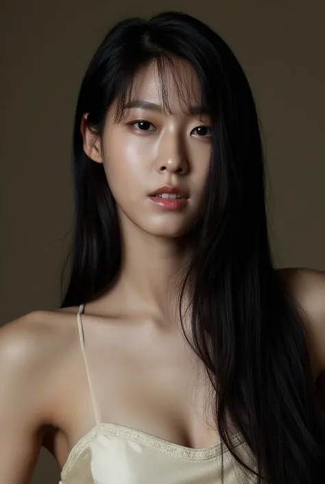 Seolhyun, black very long straight hair, bangs, silk dress, Masterpiece, High Resolution, Accurate, High Details, Textured Skin, photography, poster, Realistic. POV, Anatomically Correct, Award Winning, Super Detailed, full body view.