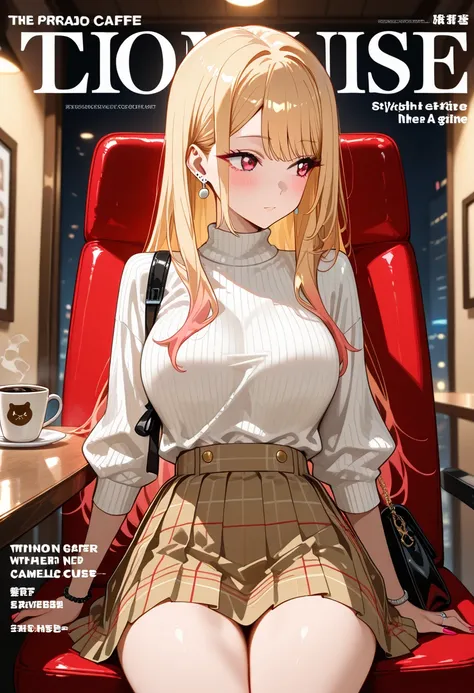 Marin Kitagawa, sitting at an indoor café booth, leaning back into the seat, body angled away so the camera sees her diagonally from behind, looking off to the side with a gentle, thoughtful expression, long sleek blonde hair softly cascading, light pink o...