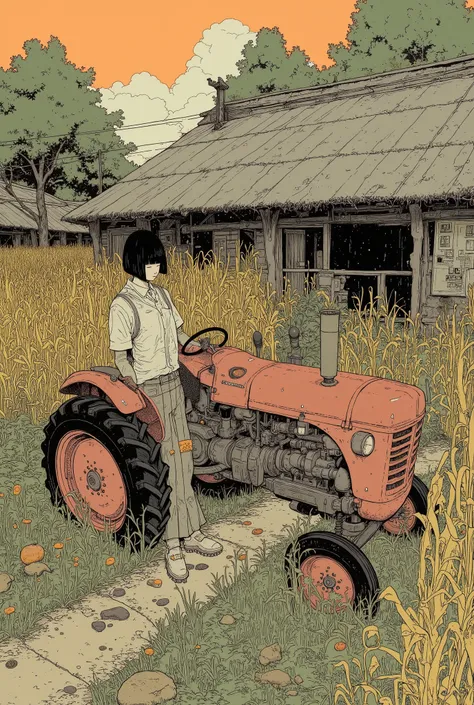  from above、fish eye、Close up of a tractor with a Japanese woman standing next to it, japanesse Farmer, Very sophisticated, Farmer, by Sadamichi Hirasawa, Ascetic ,  very very very detailed , hand,  Jean Giraud style , by Hiroyuki Tajima,  high detail!!, w...