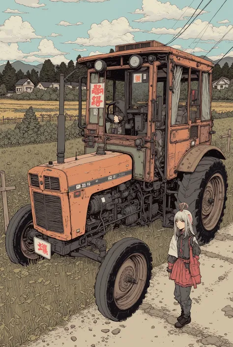  from above、fish eye、Close up of a Japanese female tractor standing next to it, Stock Photo by Sadamichi Hirasawa  ,  pixabay,  what is it ？, japanesse Farmer, , Farmer, Ascetic ,  very very very detailed , hand,  Jean Giraud style ,  high detail!!
