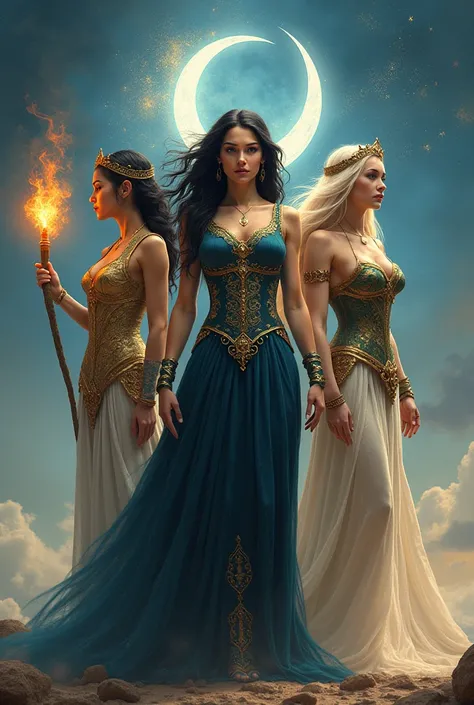 Goddess Hekate in hand with torch and black hair , freje in armor  ,  Selene in the crown of the moon on a single sky background