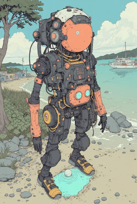  from above、fish eye、There is a robot standing on the beach, Alexander Ferrameca , mechanized art concept ,  Painting-like Humanoid Mecha , Seapunk Mecha , Mecha Art,  colorful concept art,  mecha concept art , ,  animation art vehicle concept art, My port...