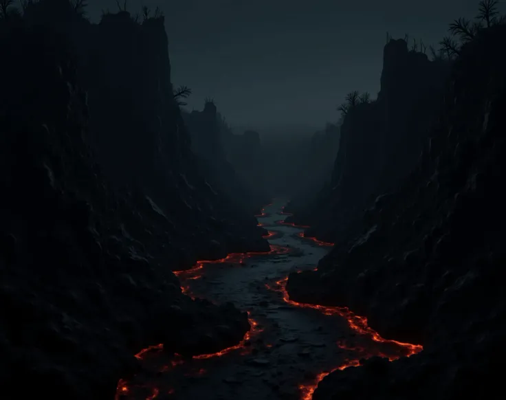 A shadowy, obsidian realm, where the perpetual twilight casts long, skeletal shadows.  Jagged, volcanic rock formations, cracked and obsidian black, rise like tormented spirits from a churning, sulfurous swamp.  Pitch-black rivers of molten, viscous rock, ...