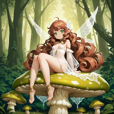 1 tiny fairy girl, Anime style , very beautiful , sitting on mushroom, brown curly hair, very long hair, green eyes, small breasts, white see-through dress, highest quality, masterwork, fairytale forest as Background 