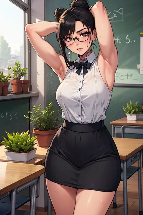 Tattooed teacher ,  muscular arms , Teaching class,  in the classroom, displaying armpits,  sweaty and detailed armpits , succulents,  teacher clothes, She gesticulates pointing to the blackboard,  eyeglasses, Tied bun 
