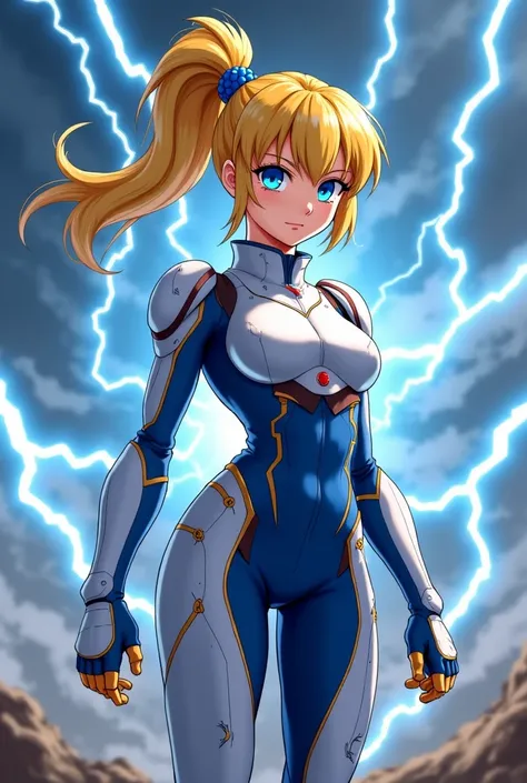 "4K anime style quality, digital drawing mode, a swift and graceful female Minato Namikaze with golden hair tied in a high ponytail and bright blue eyes filled with confidence. She wears a white and blue battle gear. Standing in a stormy battlefield, light...