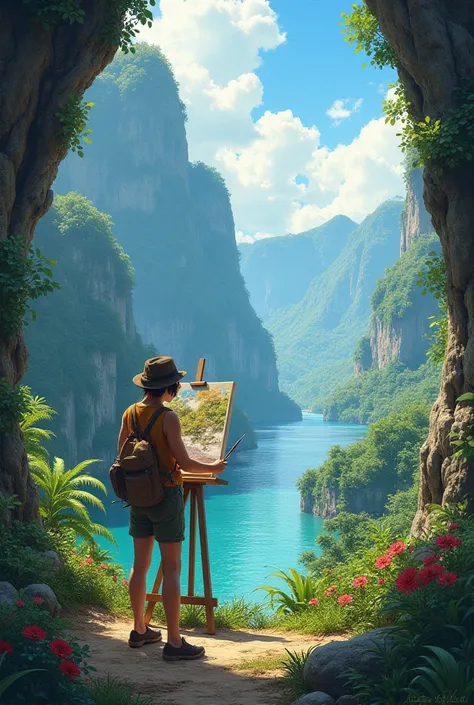 Picture of someone painting or exploring a new place.