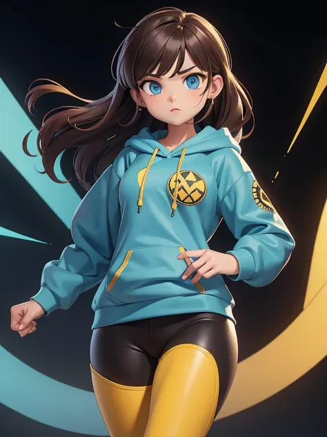 score_9, source_cartoon, 1girl, solo, 20yo woman, college freshman, brown hair, blue eyes, blue hoodie, yellow hornet (symbol) in the middle of the hoodie, black leggings