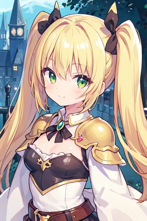 (best quality, masterpiece:1.2), ultra detailed, extremely detailed eyes and face, detailed skin,
 chibi, 1 girl, 14-years-old, (cute),
 twin tails, blond hair, shiny hair,
 yellow-green eyes,
 (small breasts),
 smile,
 BREAK waist-cape armor,
 BREAK castl...