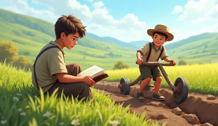 "One boy reading a book with focus, while another boy happily working in the fields with a plow."