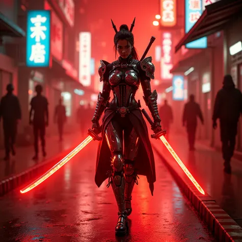 A futuristic AI warrior strides through a red-hued Tokyo underworld, neon kanji symbols reflecting off her chromed battle armor. Her katana, glowing with high-voltage plasma, vibrates with static energy as she moves in ultra-stylized, stop-motion precision...