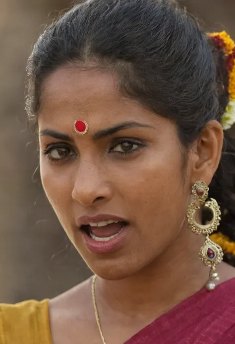 Ultra detailed photo of kannadiga woman, beautiful girl, highest quality realistic skin, eyes in focus, 45 years old, focus on mouth, open mouth, saliva, open mouth wide, inside of mouth visible, ponytail hair, mouth open wide, uvula visible, mouth open wi...