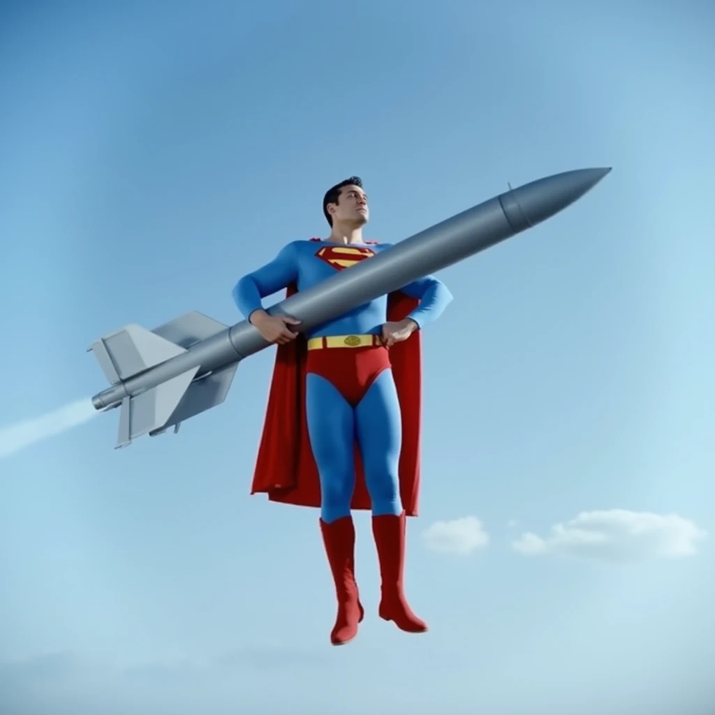 a buff man in a superman costume (think movie version of Superman-black undercut, blue tights and red cape and red boots and red briefs), A flying Superman cradling a super large nuclear missile that has reached the atmosphere far above New York..、correct ...