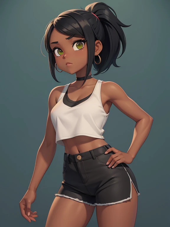 score_9, source_cartoon, 1girl, solo, black woman, hazel eyes, medium black hair, ponytail hair style, green crop-top, tan shorts