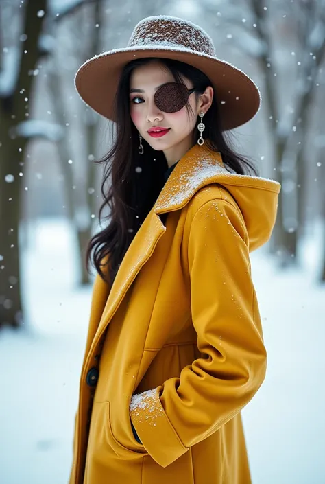 A sexy asian  girl, with a  leather eyepatch，with round earrings，smile，long hair, with pink lips, with high heels, snow, yellow overcoat,winter,hat, standing