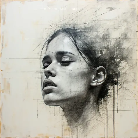 Super detailed, top quality, (contemporary sketch drawing), the head of a girl in a melancholic mood emerges on the canvas and is rendered in sketchy graffiti with shading of a rough hatch. Very thin pen strokes with scratches and blind contour technique a...