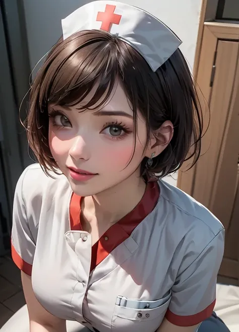 ( Masterpiece:1.2,   top quality ), (  exists, photo  exists:1.4),  Letter Depth   , (    natural side lighting   ,   movie light), 
   stares at the viewer , ( Nurse,  Nurse帽:1.22)   perfect face ,   cute and neat face  ,     shiny skin,   ,   couple, thr...