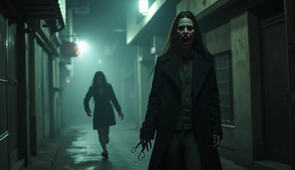 "A terrifying and suspenseful image capturing the fear and tension of the Kuchisake-Onna (Slit-Mouth Woman) Legend. The composition features a dimly lit urban alleyway at night, with the ominous figure of the Kuchisake-Onna standing in the foreground. She ...