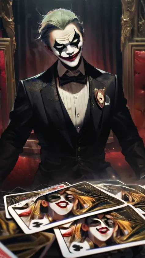 joker, Clown mask, Strong men, Trump card,  black suit , gold ornament,  scary atmosphere where the body shudders,  shining eyesight