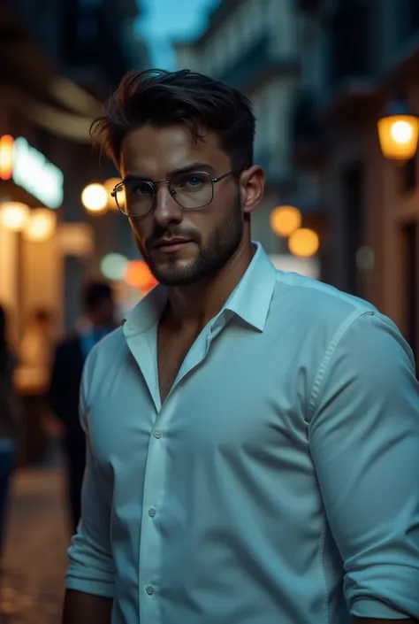 attractive European Man, ericjanicki, Handsome, short brunette hair, 30 years old, Sexy and charming expression，gloomy eyes，Blue eyes, captured walking in a Barcelona street at night, wearing a white long-sleeved shirt and rimmed glasses, soft natural ligh...