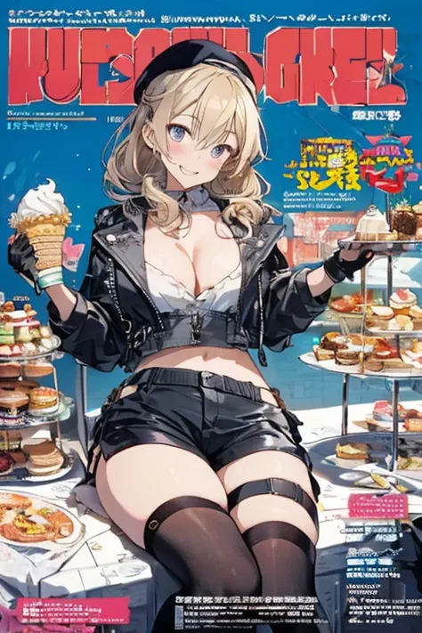 (from below:1.2),(from side:0.9), ((cute Face)), (Close-Up:0.6), ((looking at viewer, holding a icecream)),(Italian sweets magazine cover:1.4), highest quality、(real、photorealistic:1.5),(ultra high resolution,blondes hair,long hair,side ponytail,hair betwe...