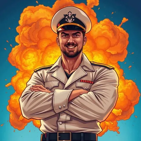 A confident, badass naval captain standing heroically with crossed arms, smirking with supreme confidence. Behind him, a massive explosion erupts, with flames and smoke billowing into the sky, creating an epic cinematic effect. The captain wears a stylish ...