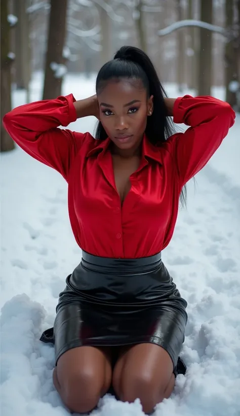 Light skin tone short ebony woman. About 20 years old. Sitting on her knees in a snowy forest. Looking up into the camera. Top down view. Wearing super shiny bright red satin blouse filled with very big boobs. Long sleeves. Bigger size breasts than average...