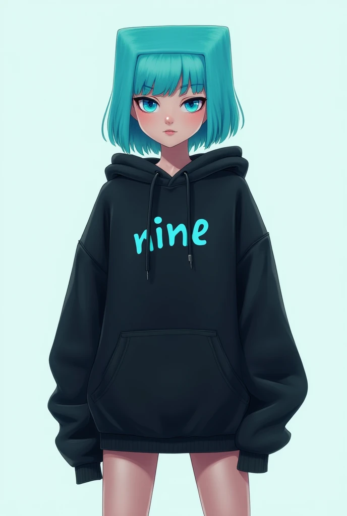 girl with square dark aquamarine hair.  is wearing a mini skirt and an oversized black hoodie on a hoodie, the inscription “nine” has blue eyes 
stands on a white background 