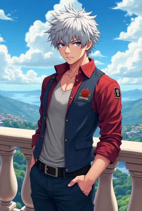 Create an anime character that has the following traits: ,  light leather balcony, : eyes and gray hair, a stocky body, and who is very handsome