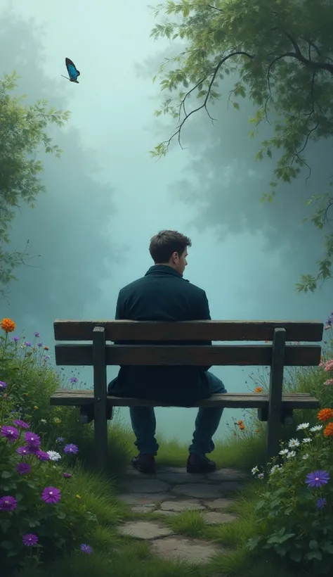 The same man sitting alone on a wooden bench in his garden. The atmosphere is misty and melancholic. There are still flowers, but the realistic blue and purple butterfly is missing.