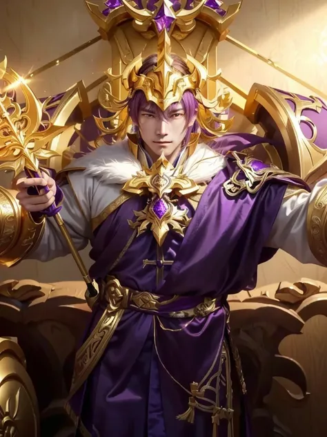 a close up of a person in a purple and gold outfit, gold paladin, genshin impact character, inspired by Huang Shen, keqing from genshin impact, mobile legends, zhongli from genshin impact, legendary god holding spear, 8 k hd wallpaperjpeg artifact, 8k hd w...