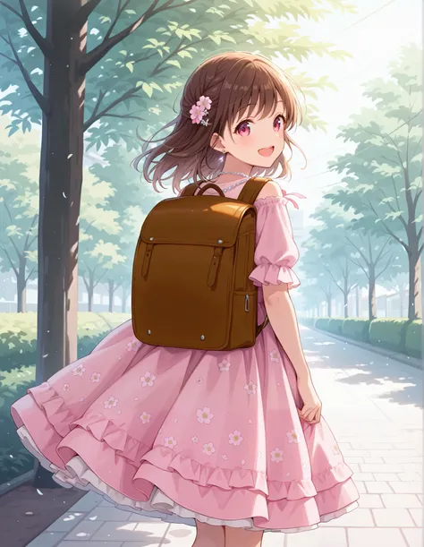 Masterpiece, hd, best quality, there is a girl standing in a dress, wearing pink floral chiton, beautiful pink , brown hair, smile, happy, wearing a pink dress, dressed in a pink dress, small girl, Traditional Attire, bowtie, necklace, diamond earrings, i...