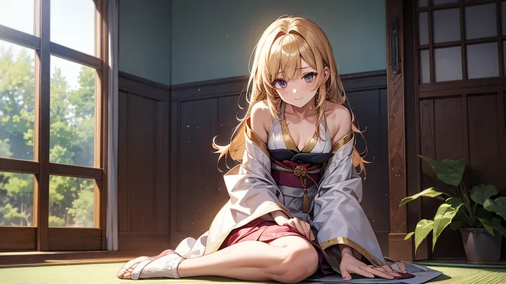 The golden-haired female character is sitting on the floor, Seiza poses with two hands in front of her, wearing a Japanese dress, sitting with her face slightly bent, facing straight in front.