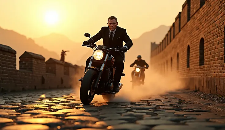 "A high quality hyper realistic lifelike cinematic James Bond rides a sleek black motorcycle along the Great Wall of China, dodging enemy agents on bikes. One pursuer launches a rocket, causing an ancient stone section of the wall to crumble behind him. Bo...