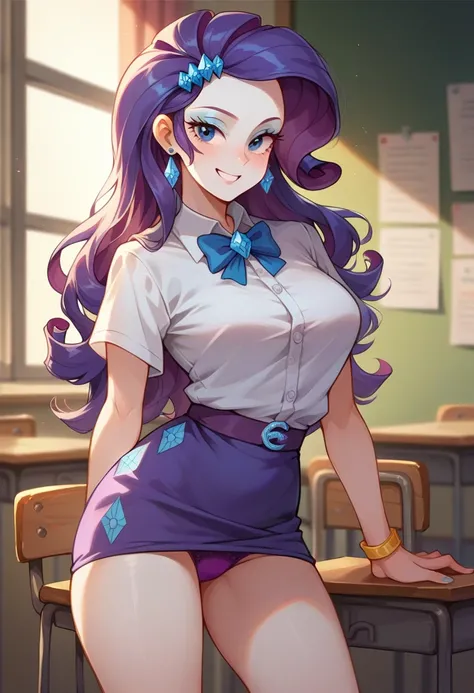  Rarity by MLP Equestria Girls,  purple underwear, In a school, smile.
