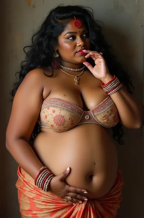  photo of Voluptuous Mature plus size Indian cute Bengali bhabhi with dusky skin, wearing mini skirt and strapless bra , showing her large Cleavage, show her fat belly chubby navel, red Vermilion on her hairline , Shakha Pola bangles in her hand, Curly Hai...